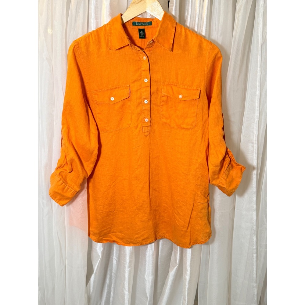 Lauren Ralph Lauren Linen Tunic Womens Medium Orange Roll Tab Sleeve Top
